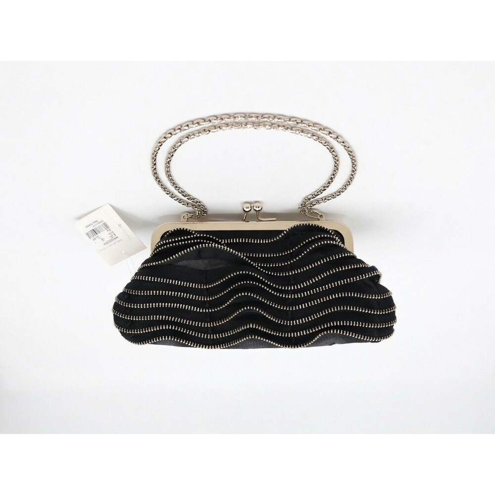 Black Wavy Zip Clutch Purse Women’s Evening Bag Kiss Lock Chain Strap NEW